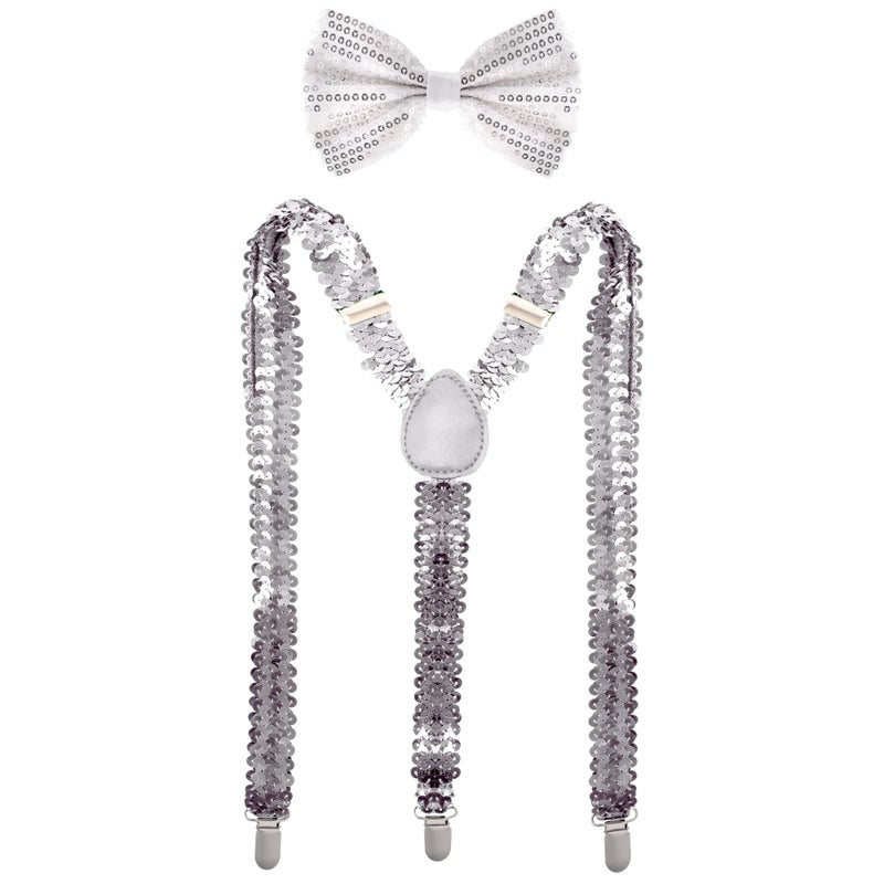 Man of Men - Premium Sequin Bow Tie & Suspenders Set (Silver) - Image 1
